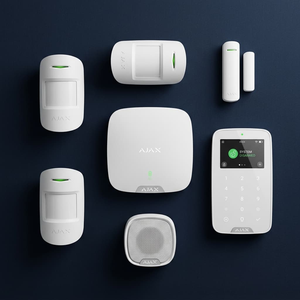 Componente sistem Ajax — hub, senzori de mișcare, contact ușă, tastatură touchscreen, sirenă